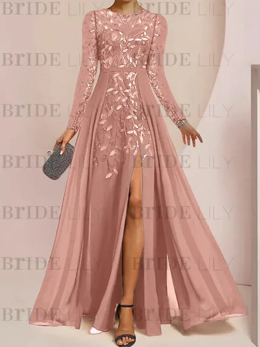 Mauve sequin leaf embroidered chiffon mother of the bride slit gown