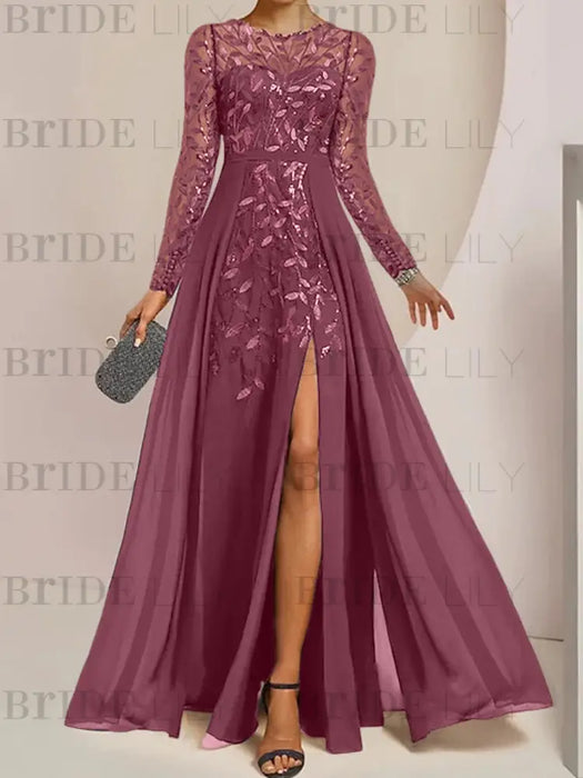 Mulberry sequin leaf embroidered chiffon mother of the bride slit gown