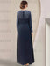 Back view of the navy sequin leaf embroidered chiffon gown
