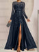 Navy Blue sequin leaf embroidered chiffon mother of the bride slit gown