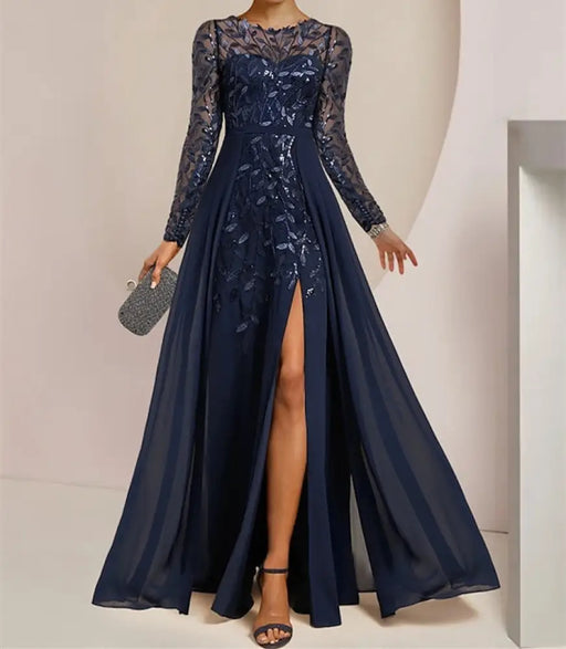 Sequin leaf embroidered chiffon gown with long sleeves and a front slit in navy