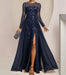 Sequin leaf embroidered chiffon gown with long sleeves and a front slit in navy