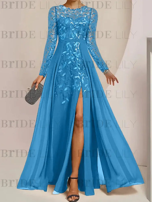 Ocean Blue sequin leaf embroidered chiffon mother of the bride slit gown