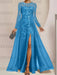 Ocean Blue sequin leaf embroidered chiffon mother of the bride slit gown