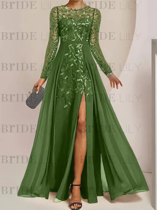 Olive Green sequin leaf embroidered chiffon mother of the bride slit gown
