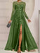 Olive Green sequin leaf embroidered chiffon mother of the bride slit gown