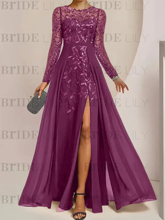 Orchid sequin leaf embroidered chiffon mother of the bride slit gown