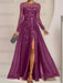 Orchid sequin leaf embroidered chiffon mother of the bride slit gown