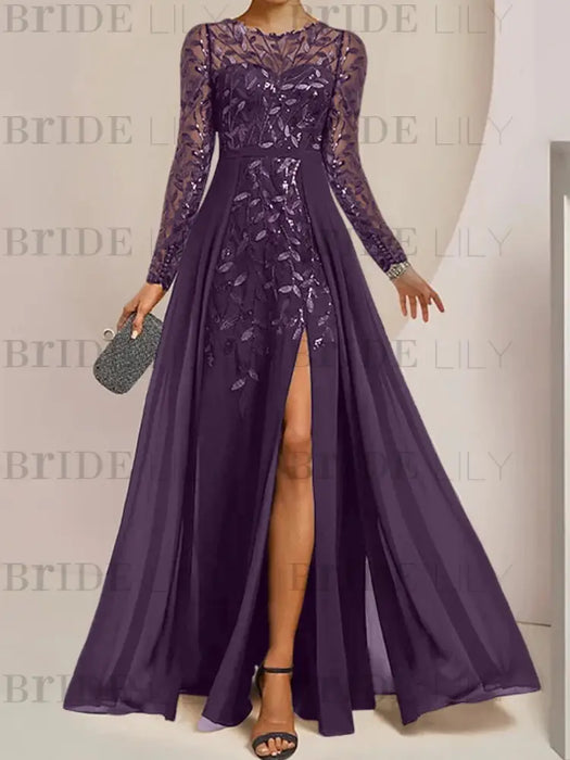 Plum sequin leaf embroidered chiffon mother of the bride slit gown
