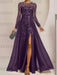 Plum sequin leaf embroidered chiffon mother of the bride slit gown