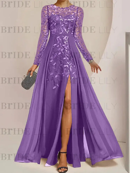 Purple sequin leaf embroidered chiffon mother of the bride slit gown