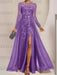 Purple sequin leaf embroidered chiffon mother of the bride slit gown