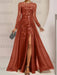Rust sequin leaf embroidered chiffon mother of the bride slit gown