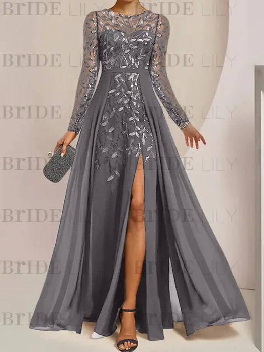 Silver Gray sequin leaf embroidered chiffon mother of the bride slit gown