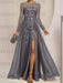Silver Gray sequin leaf embroidered chiffon mother of the bride slit gown