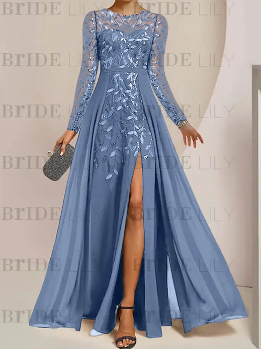 Steel Blue sequin leaf embroidered chiffon mother of the bride slit gown