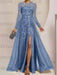 Steel Blue sequin leaf embroidered chiffon mother of the bride slit gown