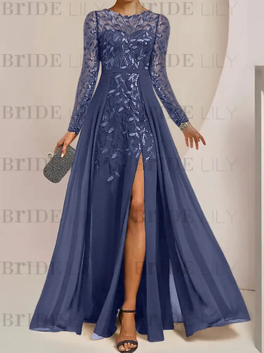 Stormy Blue sequin leaf embroidered chiffon mother of the bride slit gown