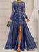Stormy Blue sequin leaf embroidered chiffon mother of the bride slit gown