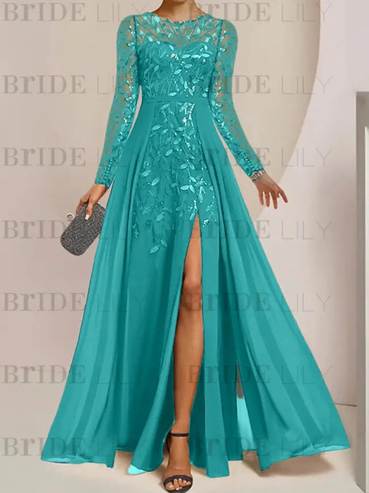 Sequin leaf embroidered chiffon gown with long sleeves in teal