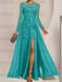 Sequin leaf embroidered chiffon gown with long sleeves in teal
