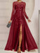 Wine Red sequin leaf embroidered chiffon mother of the bride slit gown
