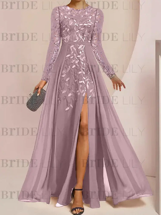 Wisteria sequin leaf embroidered chiffon mother of the bride slit gown