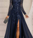 Close-up of the sequin leaf embroidery and front slit in navy