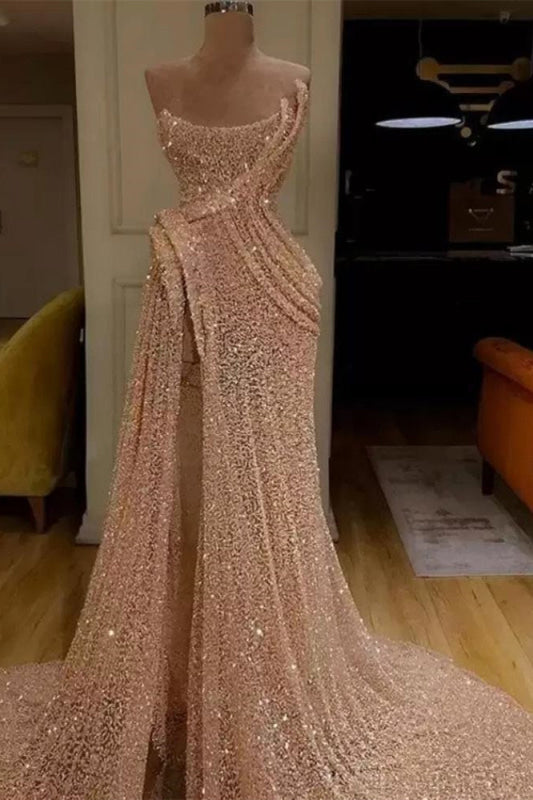 Shiny Sequins Mermaid Prom Dress Strapless Slit Long Evening Party Dress