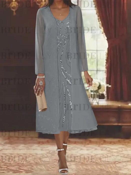 Charcoal Gray chiffon mother of the bride tea length dress with long jacket