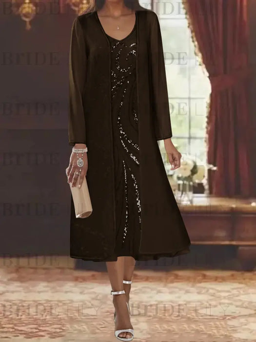 Chocolate chiffon mother of the bride tea length dress with long jacket