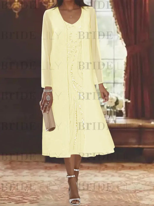 Daffodil chiffon mother of the bride tea length dress with long jacket
