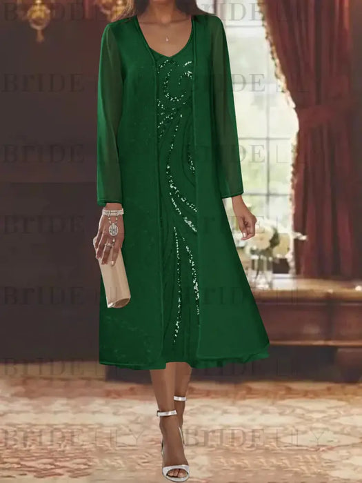 Dark Green chiffon mother of the bride tea length dress with long jacket