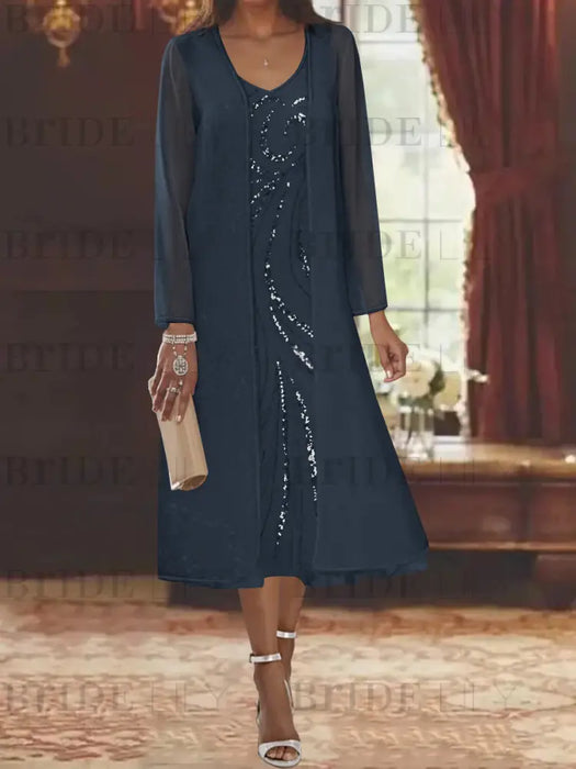 Dark Navy chiffon mother of the bride tea length dress with long jacket