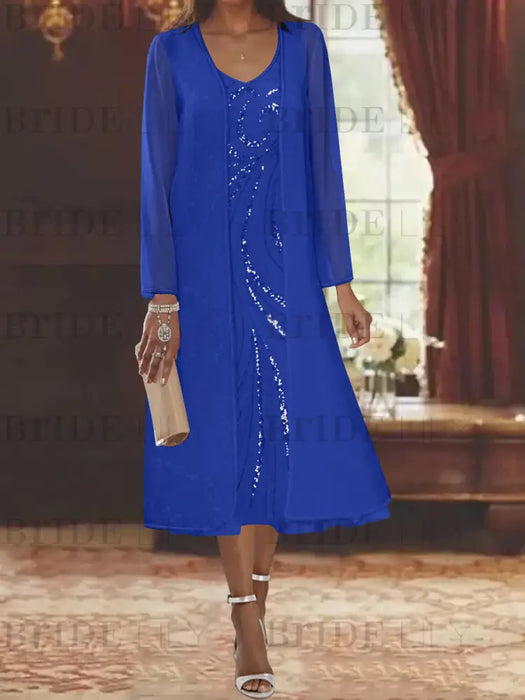 Dark Royal Blue chiffon mother of the bride tea length dress with long jacket