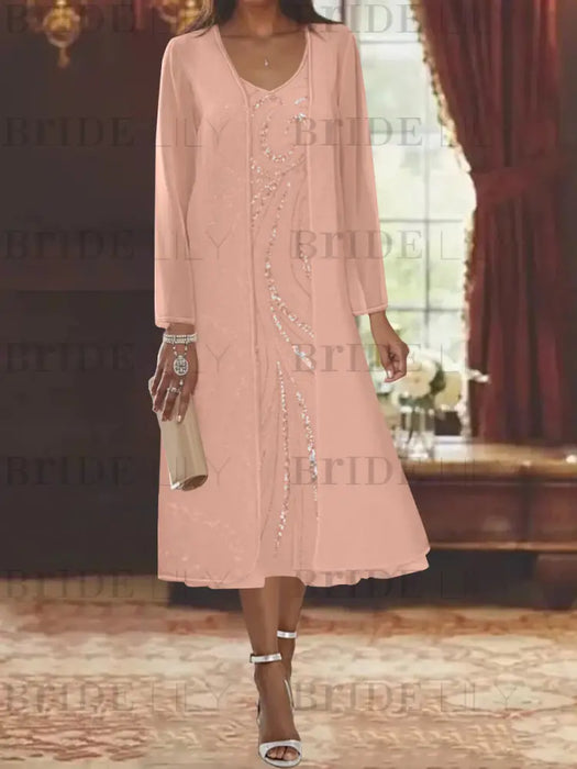 Dusty Rose chiffon mother of the bride tea length dress with long jacket