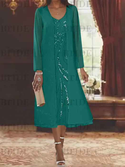 Emerald Green chiffon mother of the bride tea length dress with long jacket