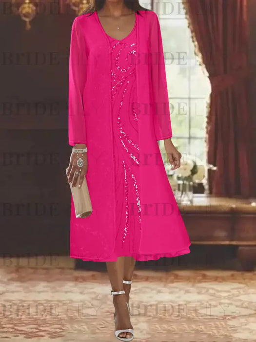 Fuchsia chiffon mother of the bride tea length dress with long jacket