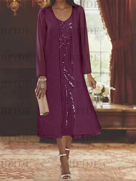 Grape chiffon mother of the bride tea length dress with long jacket