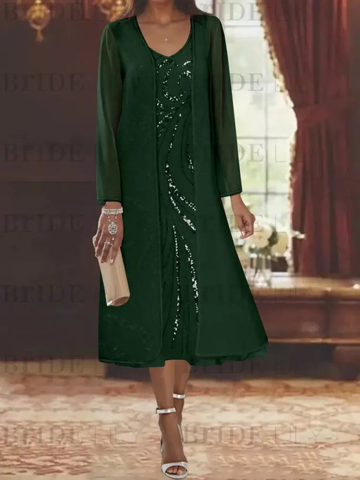Green Black chiffon mother of the bride tea length dress with long jacket
