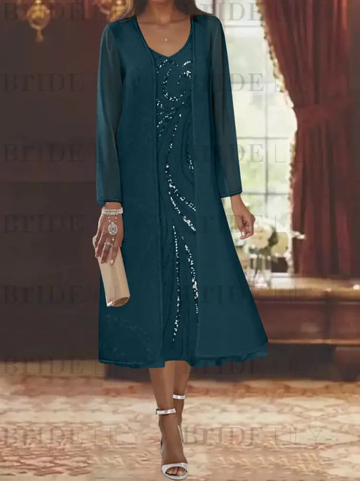 Ink Blue chiffon mother of the bride tea length dress with long jacket