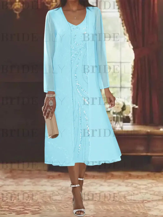 Light Blue chiffon mother of the bride tea length dress with long jacket