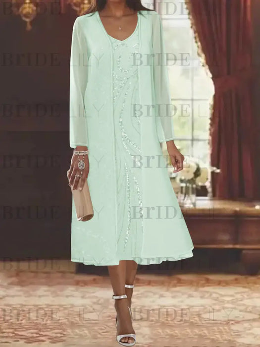 Mist Blue chiffon mother of the bride tea length dress with long jacket