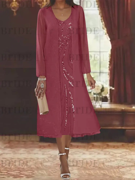 Mulberry chiffon mother of the bride tea length dress with long jacket