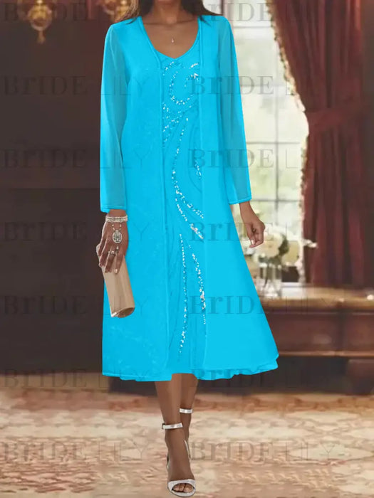 Ocean Blue chiffon mother of the bride tea length dress with long jacket