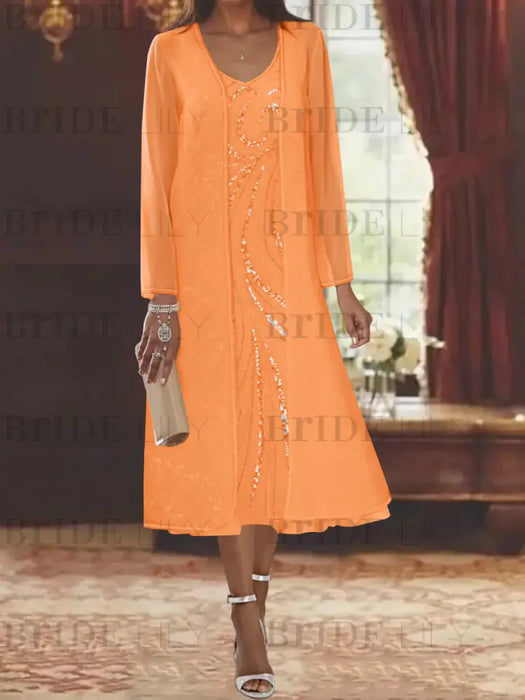 Orange chiffon mother of the bride tea length dress with long jacket