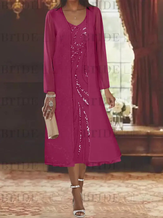 Orchid chiffon mother of the bride tea length dress with long jacket