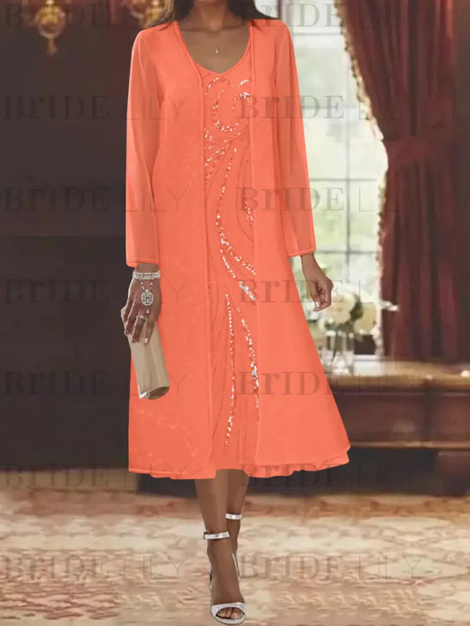 Papaya chiffon mother of the bride tea length dress with long jacket