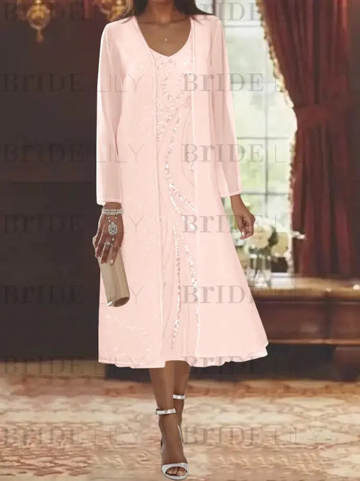 Petal chiffon mother of the bride tea length dress with long jacket