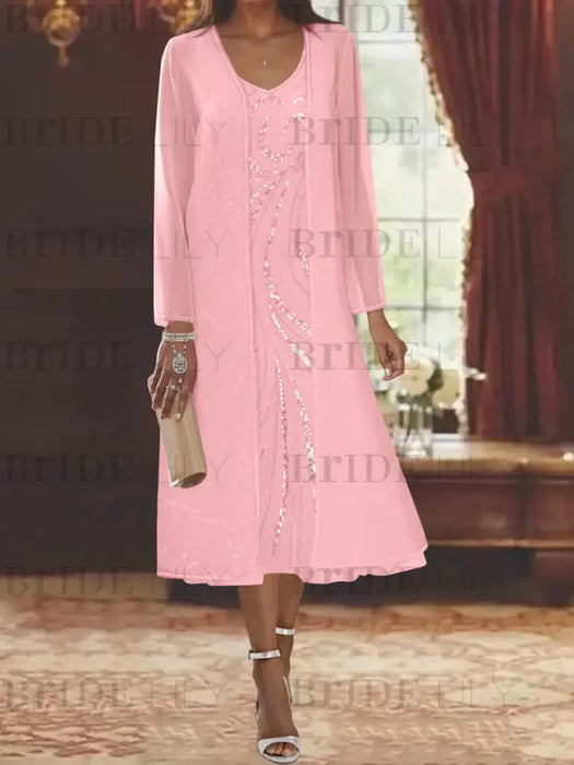 Pink chiffon tea length dress with a sequin swirl and jacket
